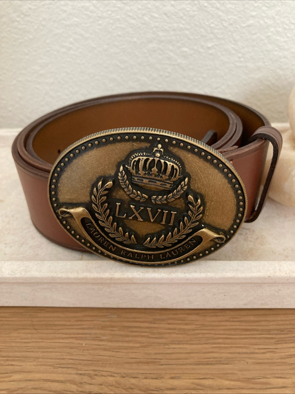 Lauren Ralph Lauren Brown Leather Belt with Brass Crest Buckle